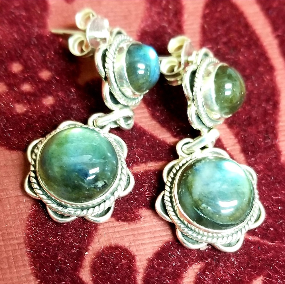 STERLING SILVER DANGLE LABRADORITE EARRINGS - Picture 4 of 8